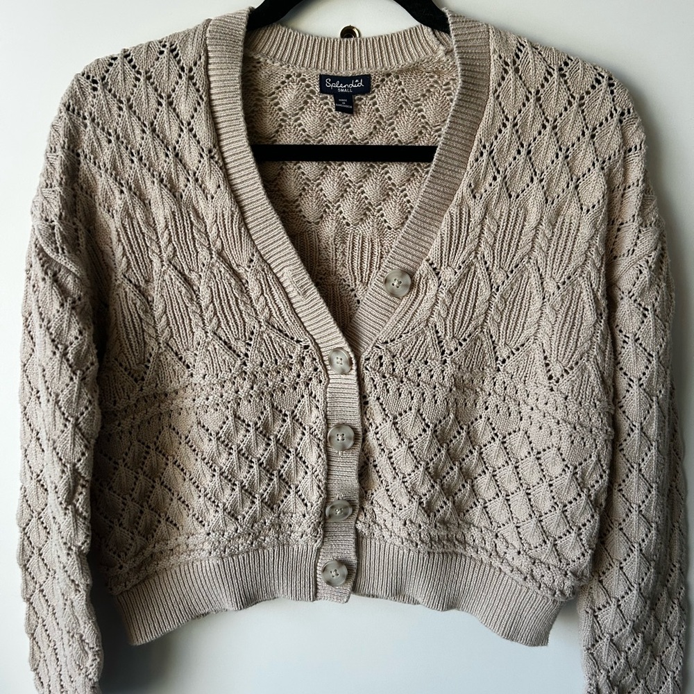 Splendid Harlow Heart Knit Cardigan Beige Taupe Cotton Women’s SM cottagecore